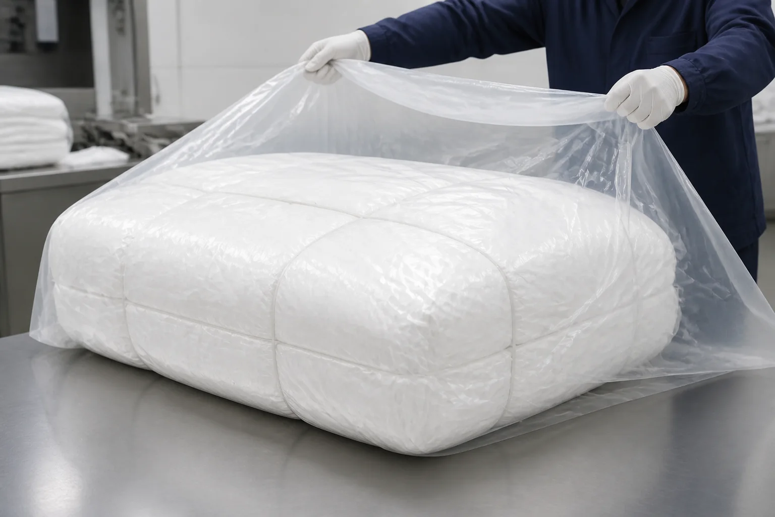 Worker using an open-top LDPE liner bag for fabric bundle packing