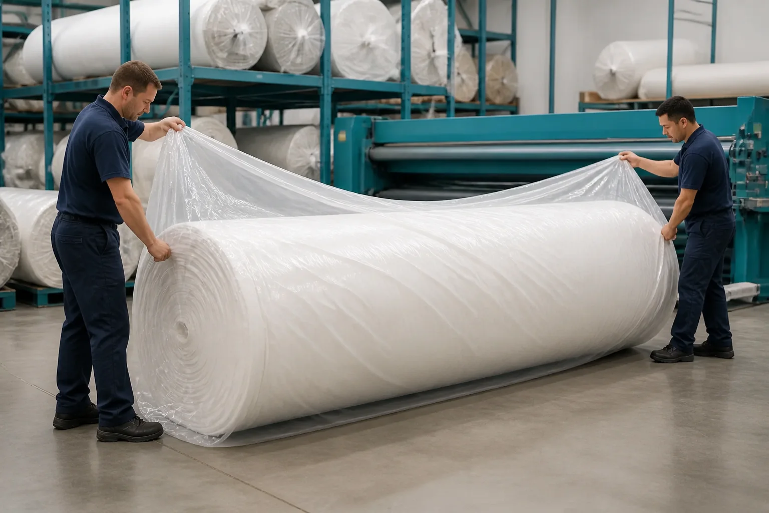 Large fabric roll being packed in a transparent LDPE liner bag