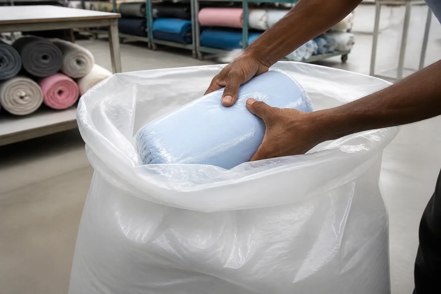 Open-top LDPE liner bag packing process for industrial bundles