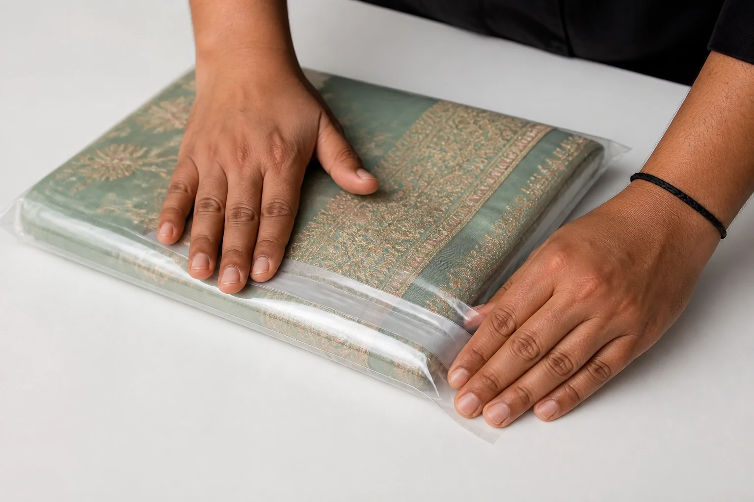 Sealing a BOPP self-adhesive bag for saree packaging