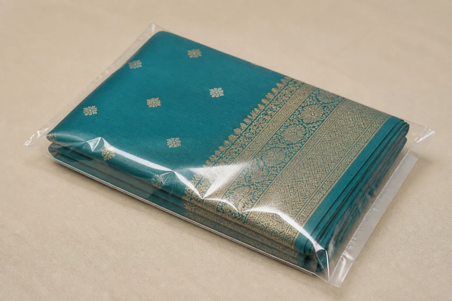 Sealed saree in a clear BOPP self-adhesive bag